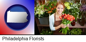 Philadelphia, Pennsylvania - pretty florist holding a bunch of tulips
