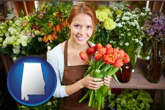 alabama map icon and pretty florist holding a bunch of tulips