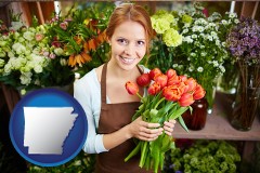arkansas map icon and pretty florist holding a bunch of tulips