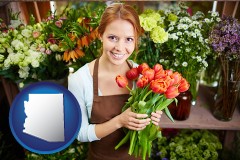 arizona map icon and pretty florist holding a bunch of tulips