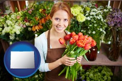 colorado map icon and pretty florist holding a bunch of tulips