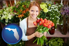 florida map icon and pretty florist holding a bunch of tulips