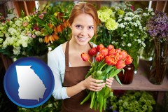 georgia map icon and pretty florist holding a bunch of tulips