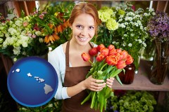 hawaii map icon and pretty florist holding a bunch of tulips