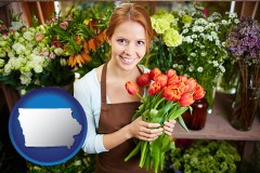 iowa map icon and pretty florist holding a bunch of tulips