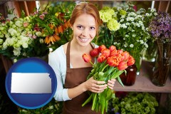 kansas map icon and pretty florist holding a bunch of tulips