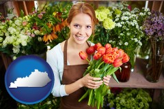 kentucky map icon and pretty florist holding a bunch of tulips