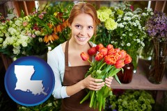 louisiana map icon and pretty florist holding a bunch of tulips