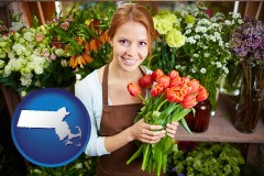 massachusetts map icon and pretty florist holding a bunch of tulips