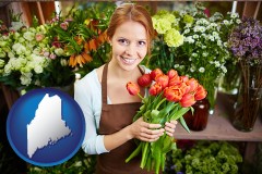 maine map icon and pretty florist holding a bunch of tulips