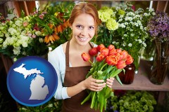 michigan map icon and pretty florist holding a bunch of tulips