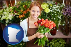 minnesota map icon and pretty florist holding a bunch of tulips