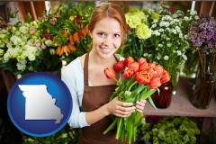 missouri map icon and pretty florist holding a bunch of tulips