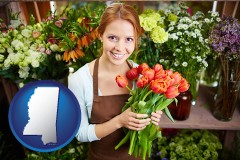 mississippi map icon and pretty florist holding a bunch of tulips