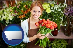 montana map icon and pretty florist holding a bunch of tulips
