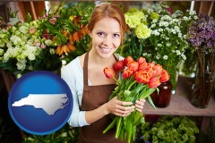 north-carolina map icon and pretty florist holding a bunch of tulips