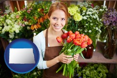 north-dakota map icon and pretty florist holding a bunch of tulips