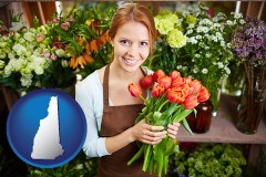 new-hampshire map icon and pretty florist holding a bunch of tulips