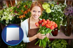 new-mexico map icon and pretty florist holding a bunch of tulips