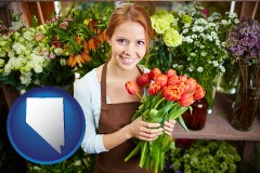 pretty florist holding a bunch of tulips - with NV icon