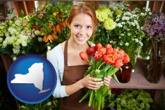 new-york map icon and pretty florist holding a bunch of tulips