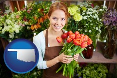 oklahoma map icon and pretty florist holding a bunch of tulips