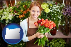 oregon map icon and pretty florist holding a bunch of tulips