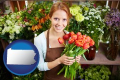 pennsylvania map icon and pretty florist holding a bunch of tulips