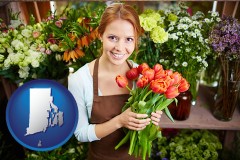 rhode-island map icon and pretty florist holding a bunch of tulips
