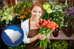 south-carolina map icon and pretty florist holding a bunch of tulips