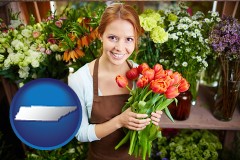 pretty florist holding a bunch of tulips - with TN icon