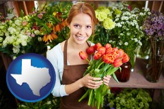 texas map icon and pretty florist holding a bunch of tulips