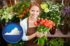 virginia map icon and pretty florist holding a bunch of tulips