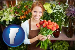 vermont map icon and pretty florist holding a bunch of tulips