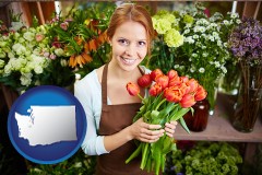 washington map icon and pretty florist holding a bunch of tulips