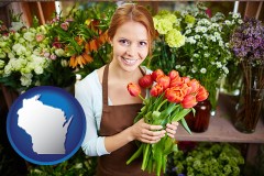 wisconsin map icon and pretty florist holding a bunch of tulips