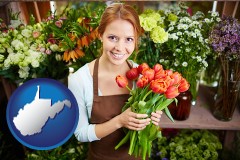 west-virginia map icon and pretty florist holding a bunch of tulips