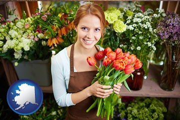pretty florist holding a bunch of tulips - with Alaska icon