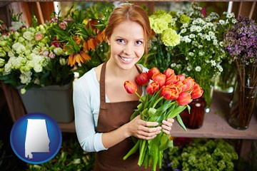 pretty florist holding a bunch of tulips - with Alabama icon