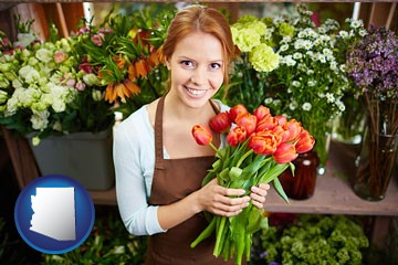 pretty florist holding a bunch of tulips - with Arizona icon