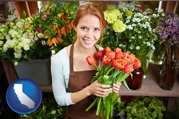 pretty florist holding a bunch of tulips - with California icon