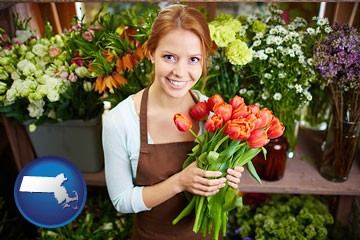 pretty florist holding a bunch of tulips - with Massachusetts icon