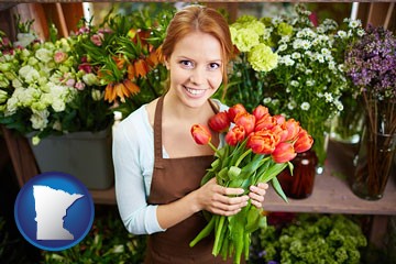 pretty florist holding a bunch of tulips - with Minnesota icon