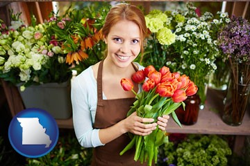 pretty florist holding a bunch of tulips - with Missouri icon