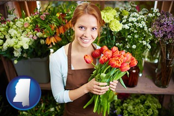 pretty florist holding a bunch of tulips - with Mississippi icon