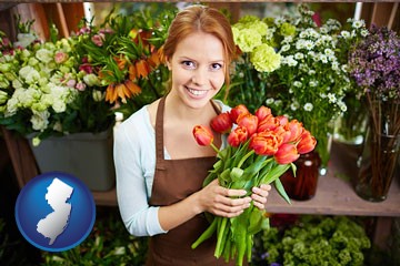 pretty florist holding a bunch of tulips - with New Jersey icon