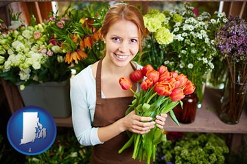 pretty florist holding a bunch of tulips - with Rhode Island icon