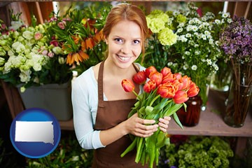 pretty florist holding a bunch of tulips - with South Dakota icon