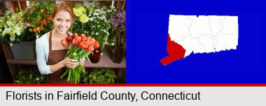 pretty florist holding a bunch of tulips; Fairfield County highlighted in red on a map