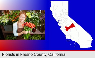 pretty florist holding a bunch of tulips; Fresno County highlighted in red on a map
